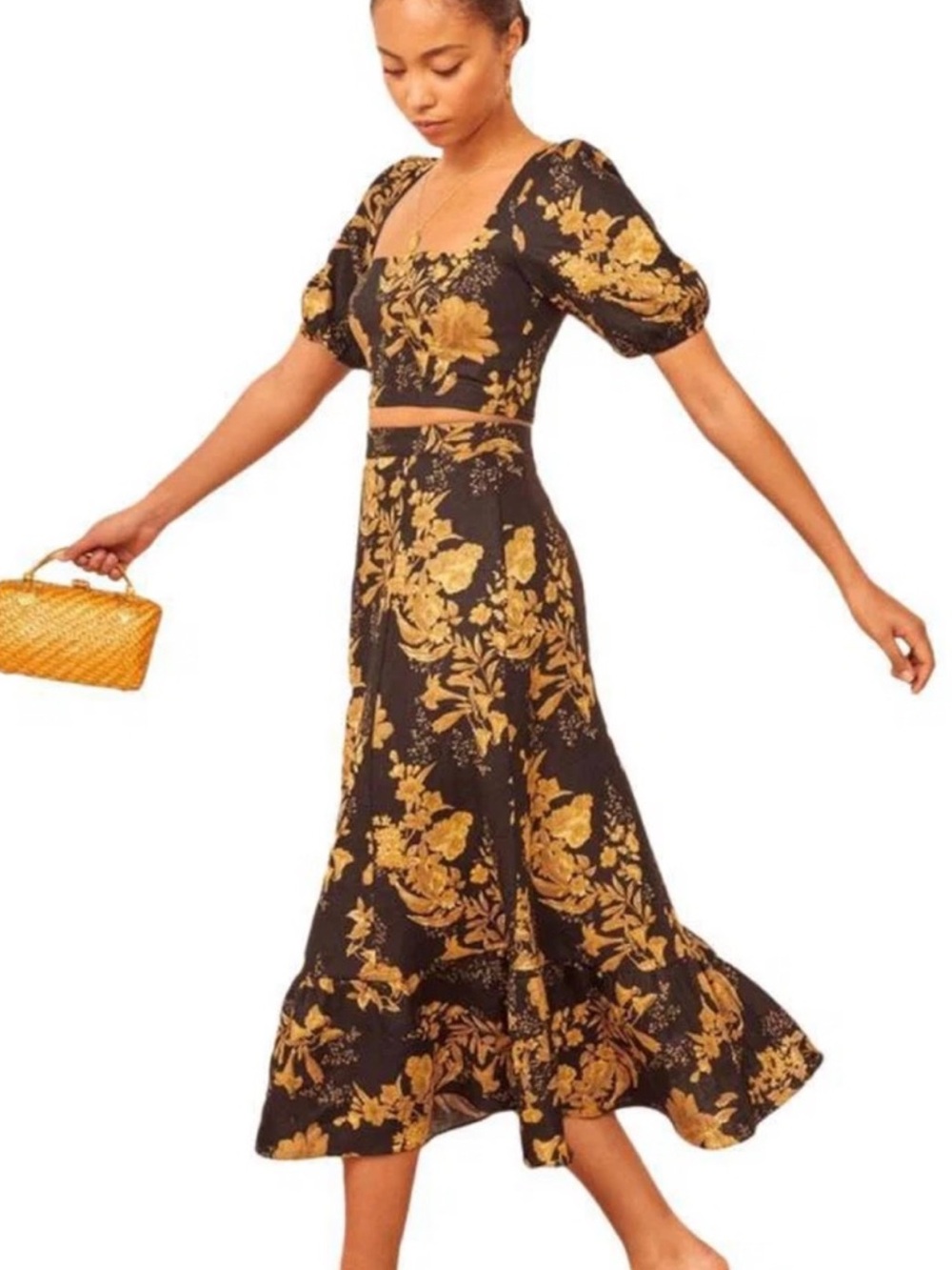 Reformation Black Dress with Gold Floral Print